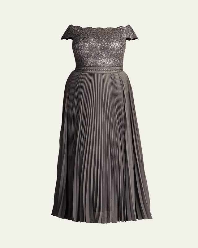 Plus Size Off-Shoulder Pleated Sequin Lace Gown